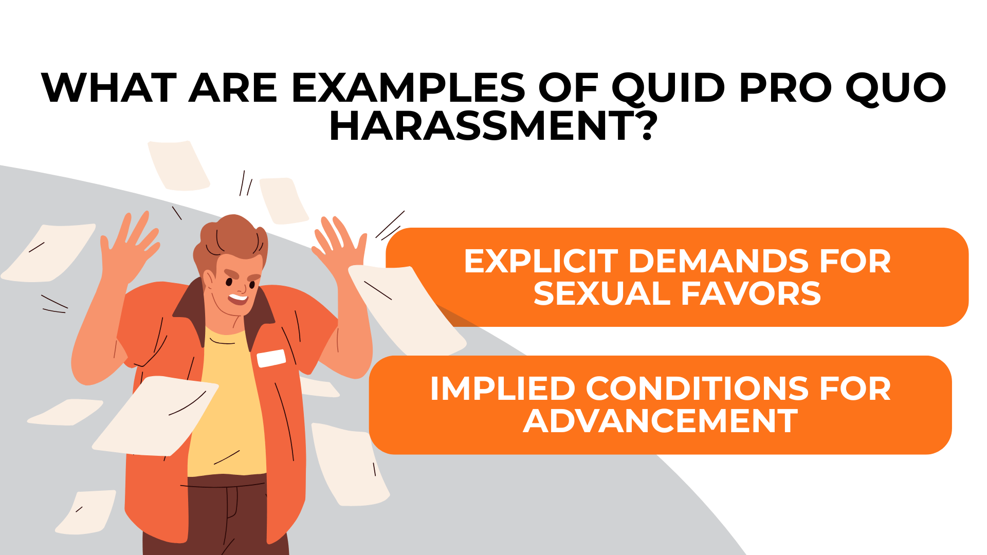 Stressed worker and bold labels explain demands for sexual favors and job-related conditions.