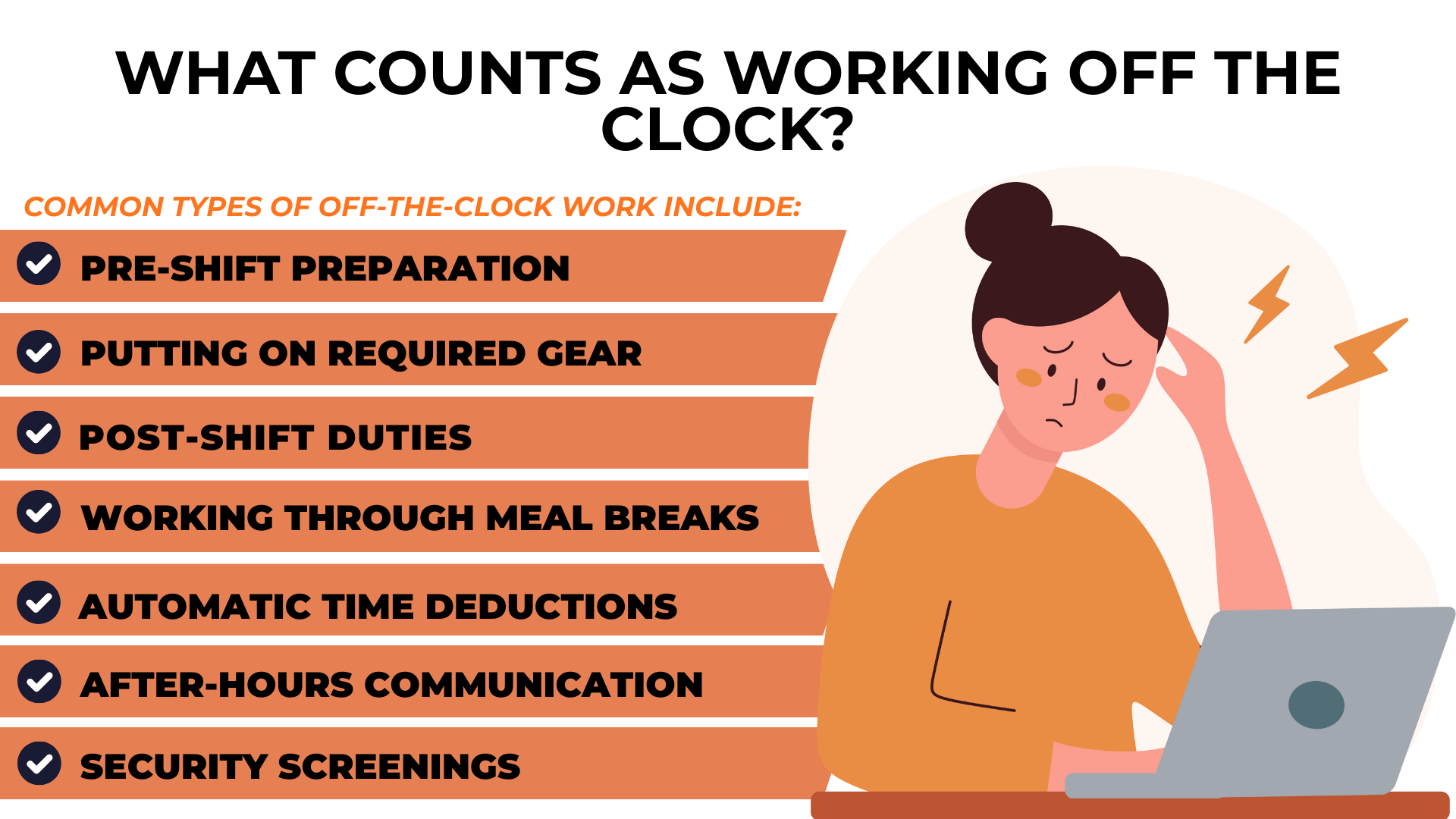 Checklist lists pre-shift prep, meal break work, after-hours emails, security screenings.