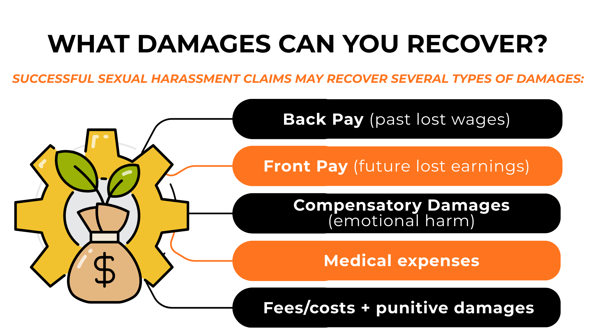 Money bag and gear connect to damage types: back pay, front pay, emotional harm, medical costs, and punitive fees.