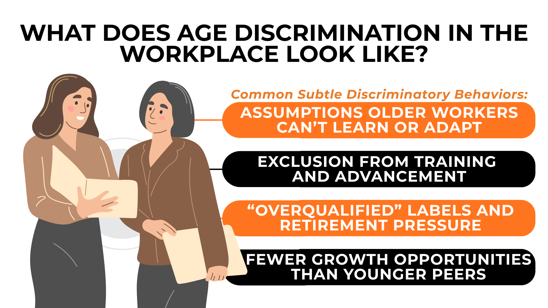Two coworkers reviewing files with callouts show exclusion, assumptions, and fewer opportunities for older workers.