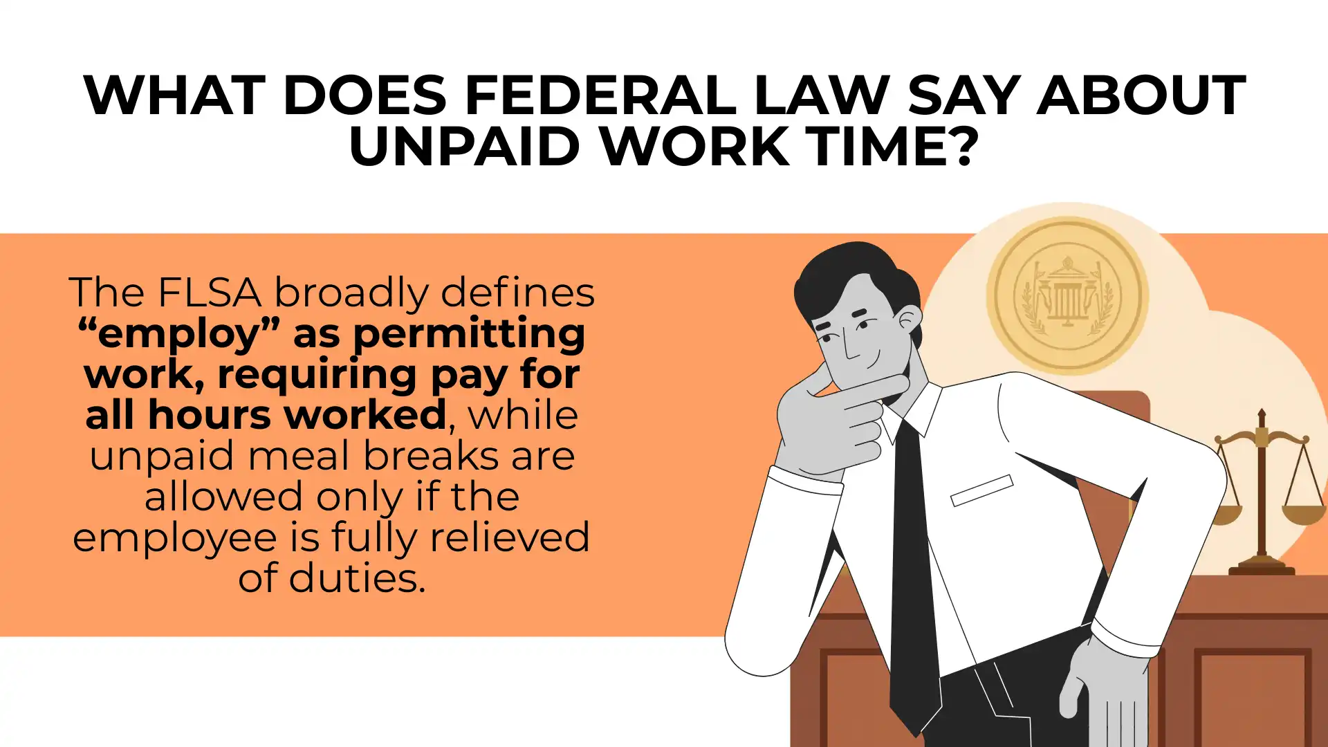 A man in business attire stands by a desk. Text explains FLSA requires pay for all hours worked, including time spent working off the clock; only unpaid meal breaks are allowed if the employee is fully relieved of duties.