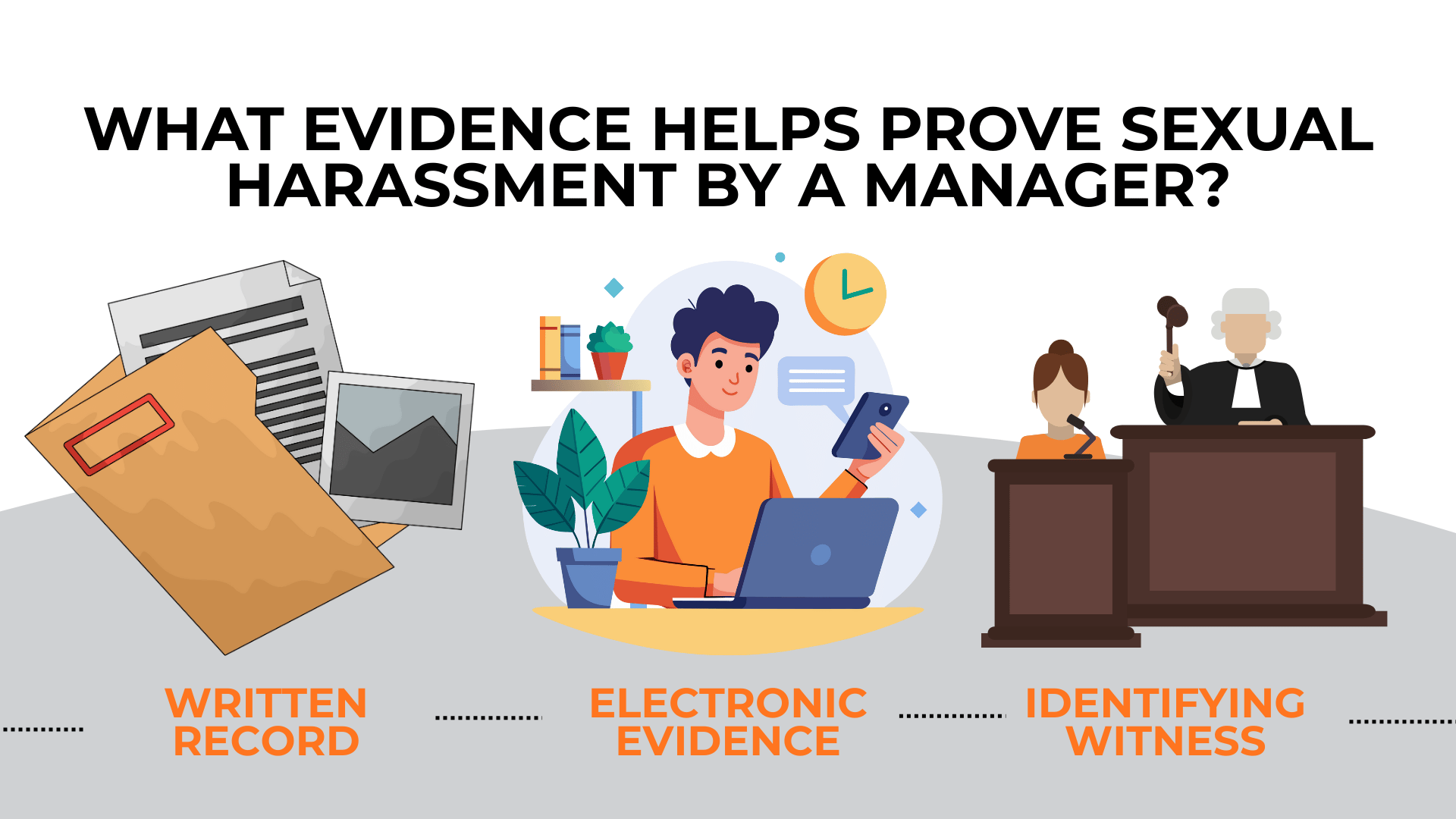 Documents, digital messages, and courtroom figures illustrate records, electronic proof, and witness testimony.