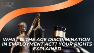 Bronze Lady Justice statue holding scales next to a judge’s gavel on a dark background, with text discussing the Age Discrimination in Employment Act and employee rights related to age discrimination in the workplace.