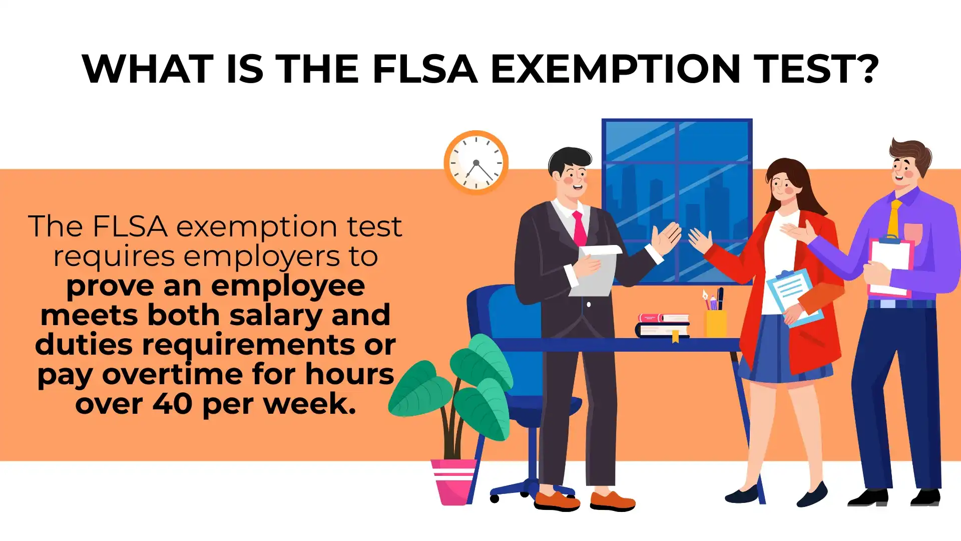 Two professionals talk in an office. Text explains that the FLSA Exemption Test checks if employees qualify for exemption from overtime based on specific salary thresholds and job duties.