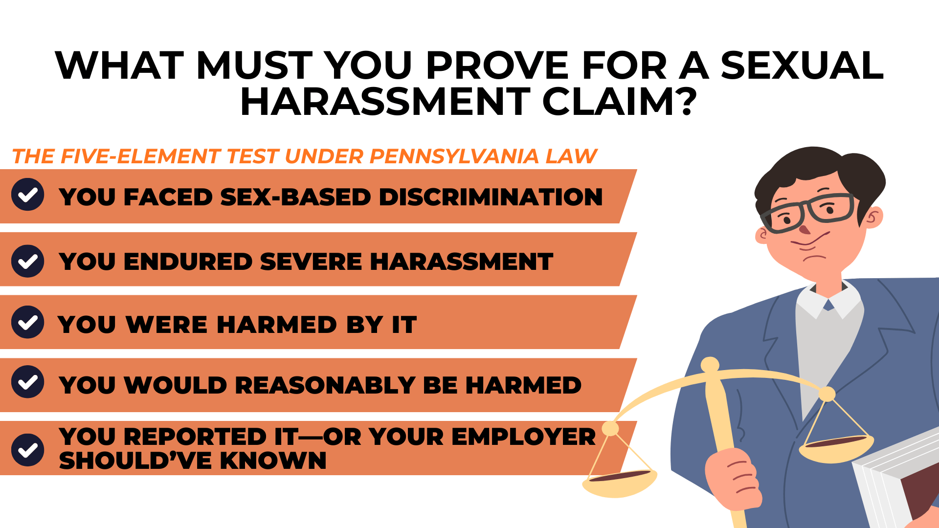 Checklist bars outline five elements of a claim, beside a lawyer holding scales and a book.