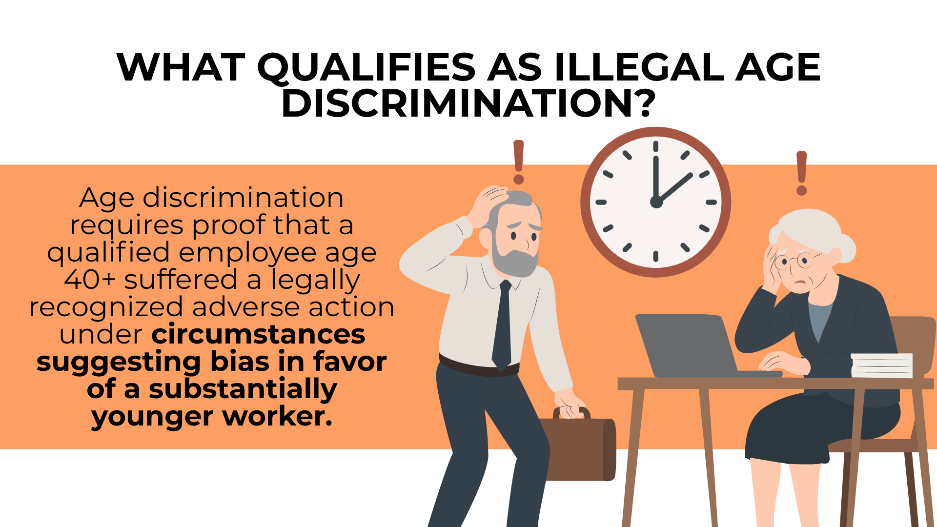 Older workers under a clock and warning symbols explain adverse actions favoring substantially younger employees.