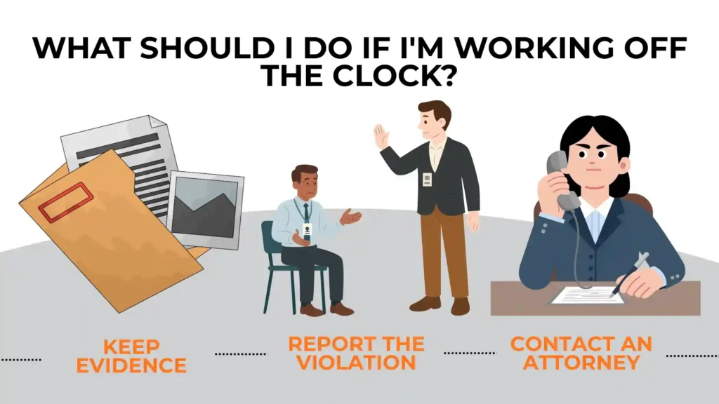 Illustration explaining what to do if working off the clock: keep evidence, report the clock illegal violation, and contact an attorney.