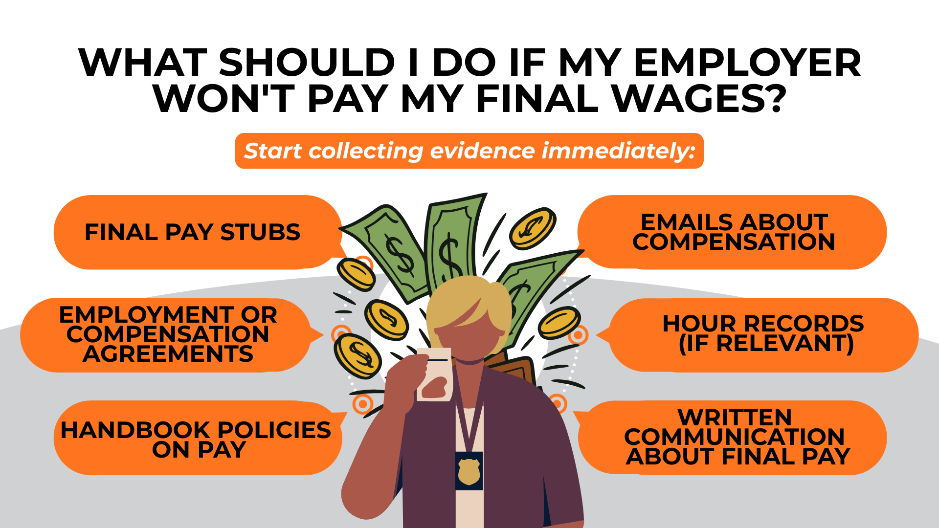 Worker with badge and cash surrounded by pay stubs and emails urging evidence collection.