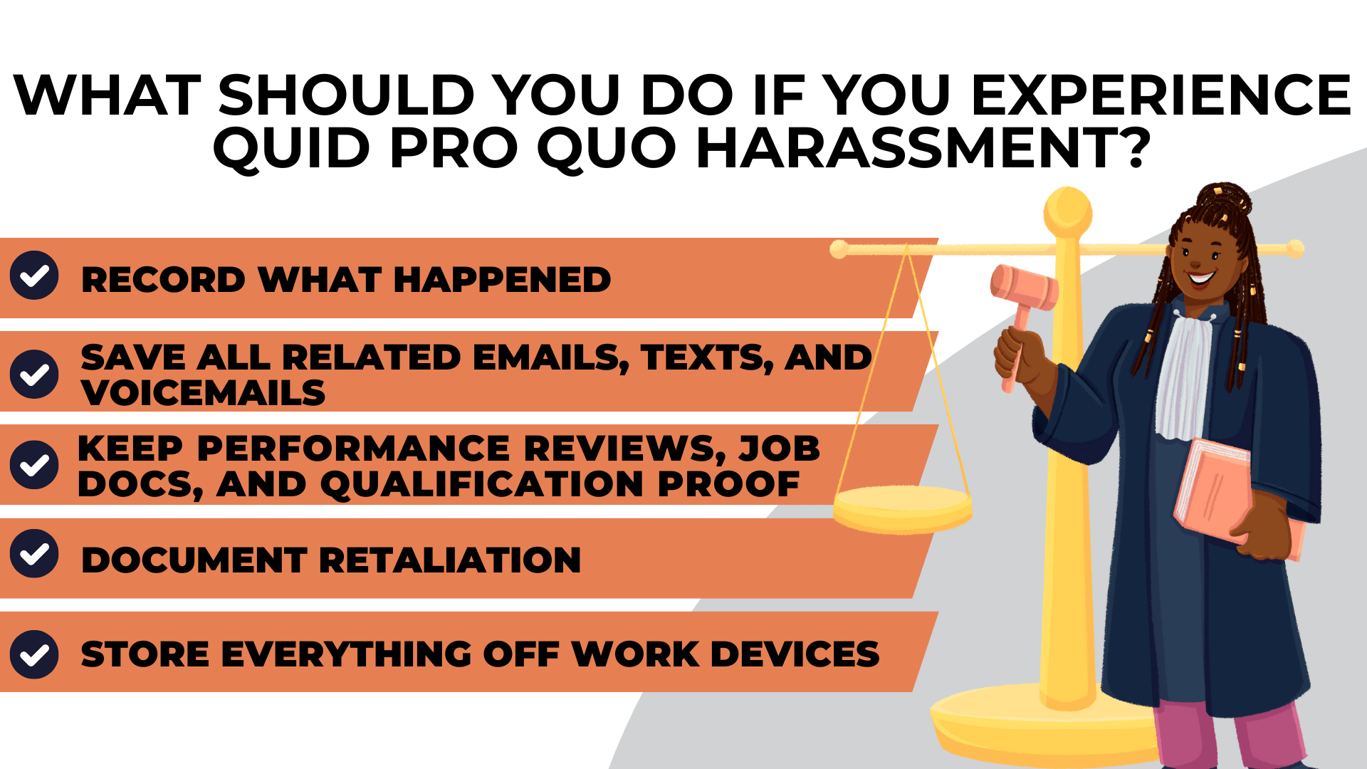 hecklist urges recording events, saving messages, keeping job records, documenting retaliation, and storing evidence off work devices.