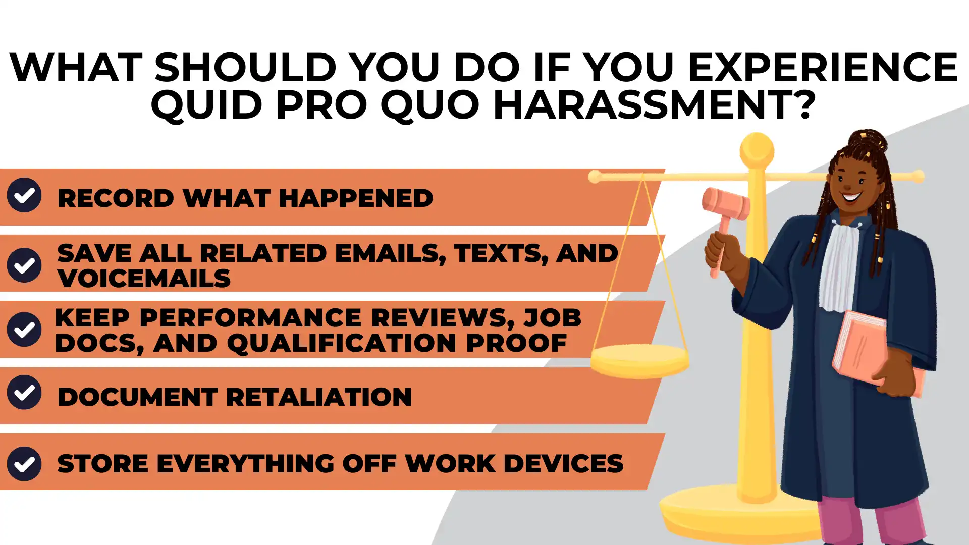 Infographic listing steps to take after experiencing quid pro quo harassment in Pennsylvania, including recording events, saving communications, and documenting retaliation to help protect your worker rights.