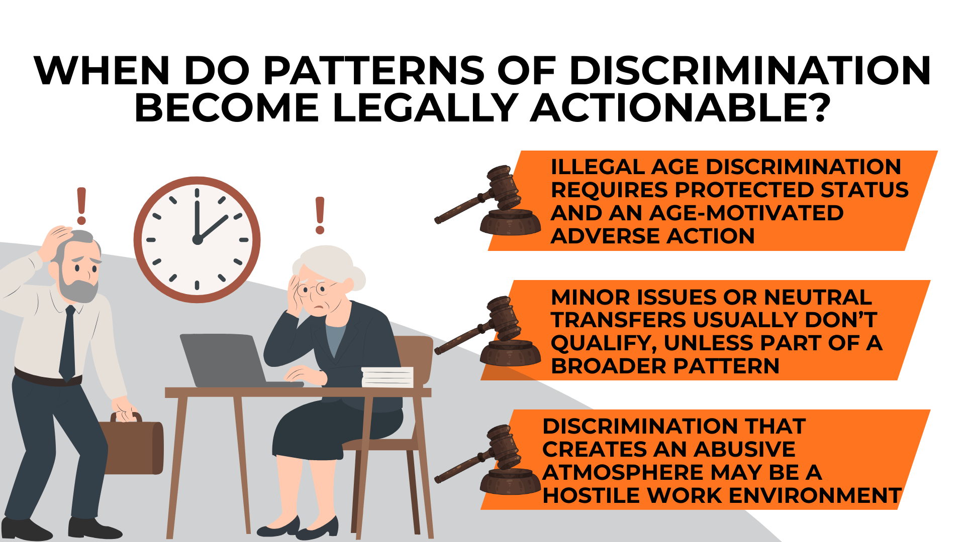 Older workers under a clock and gavels explain protected status, adverse actions, and hostile work patterns.