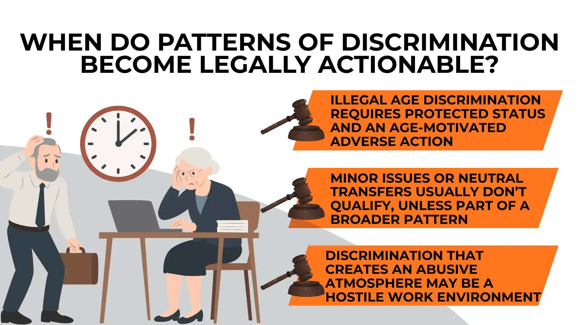 An older woman sits stressed at a desk near a clock, while legal notes highlight when age discrimination may become legally actionable at work, drawing attention to significant workplace signs of employment discrimination.