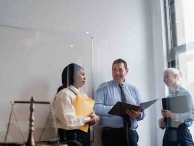 Three professionals in business attire stand by a window, discussing documents in an office with a whiteboard and legal scale visible, as they consider how Whistleblower Protections Work in New Jersey.