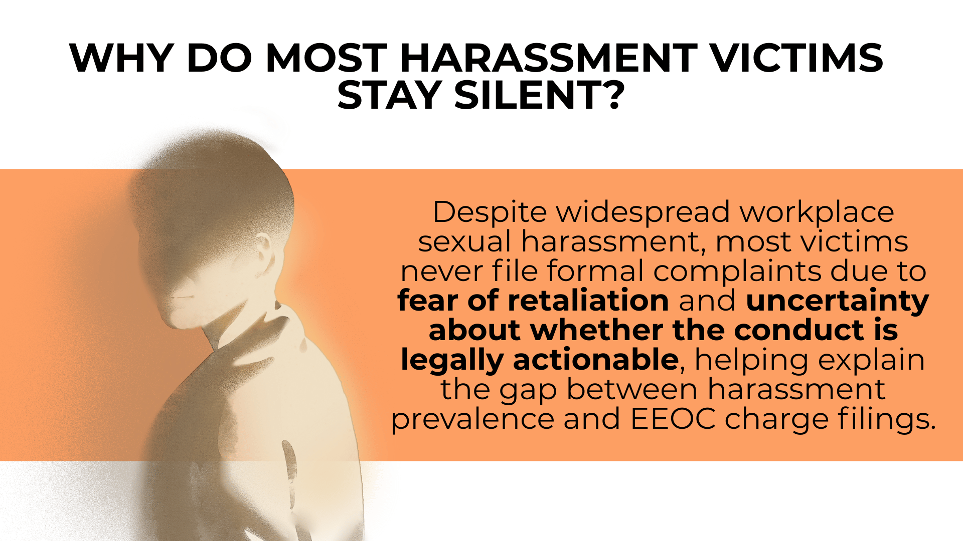 Shadowed figure and explanatory text show fear of retaliation and legal uncertainty behind silence.