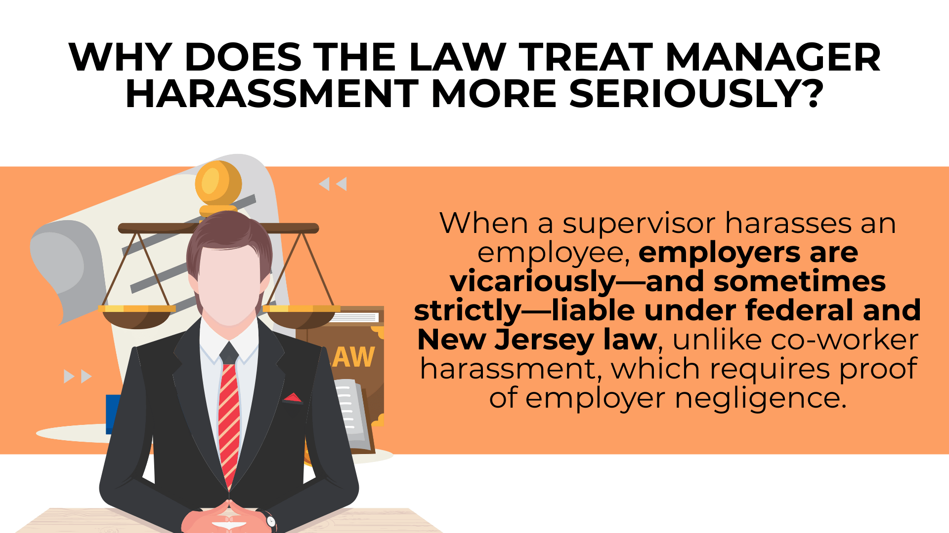 Manager figure before legal scales explains employer liability for supervisor harassment under NJ and federal law.