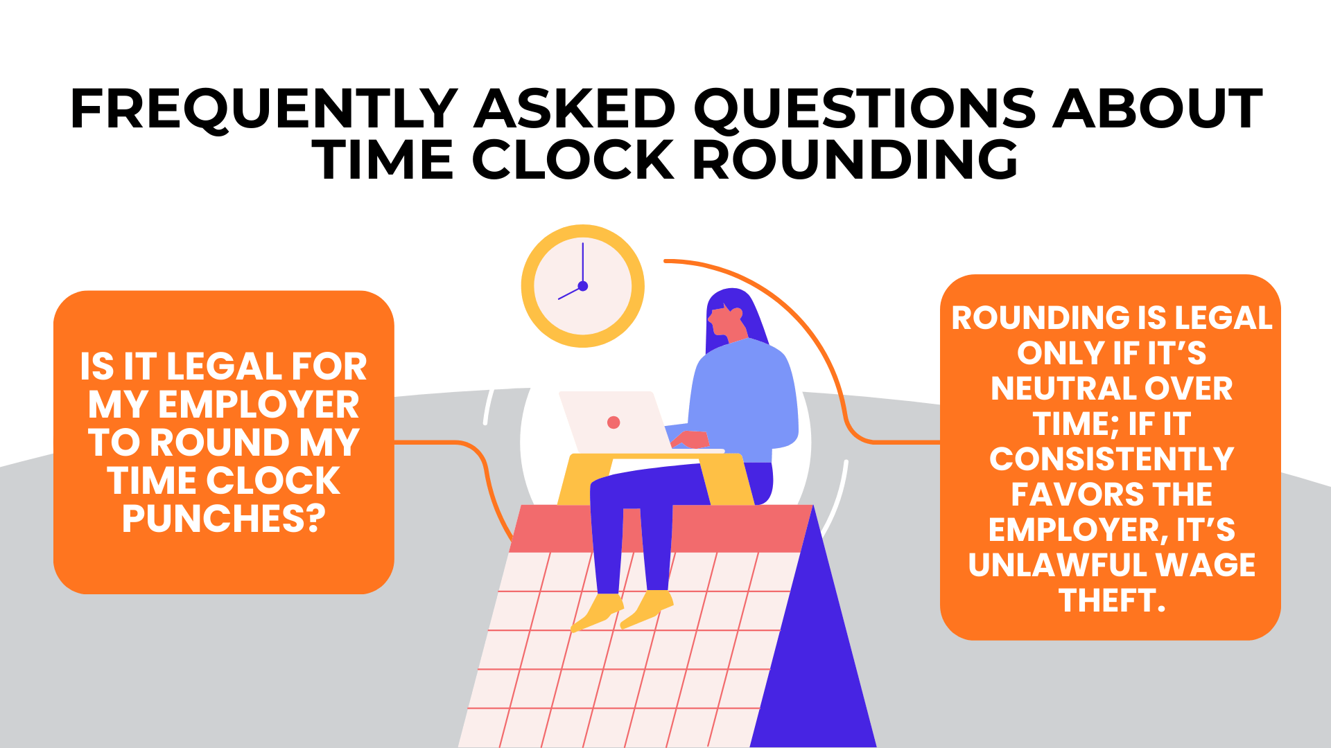Worker at laptop between question boxes explains rounding is legal only if neutral over time.