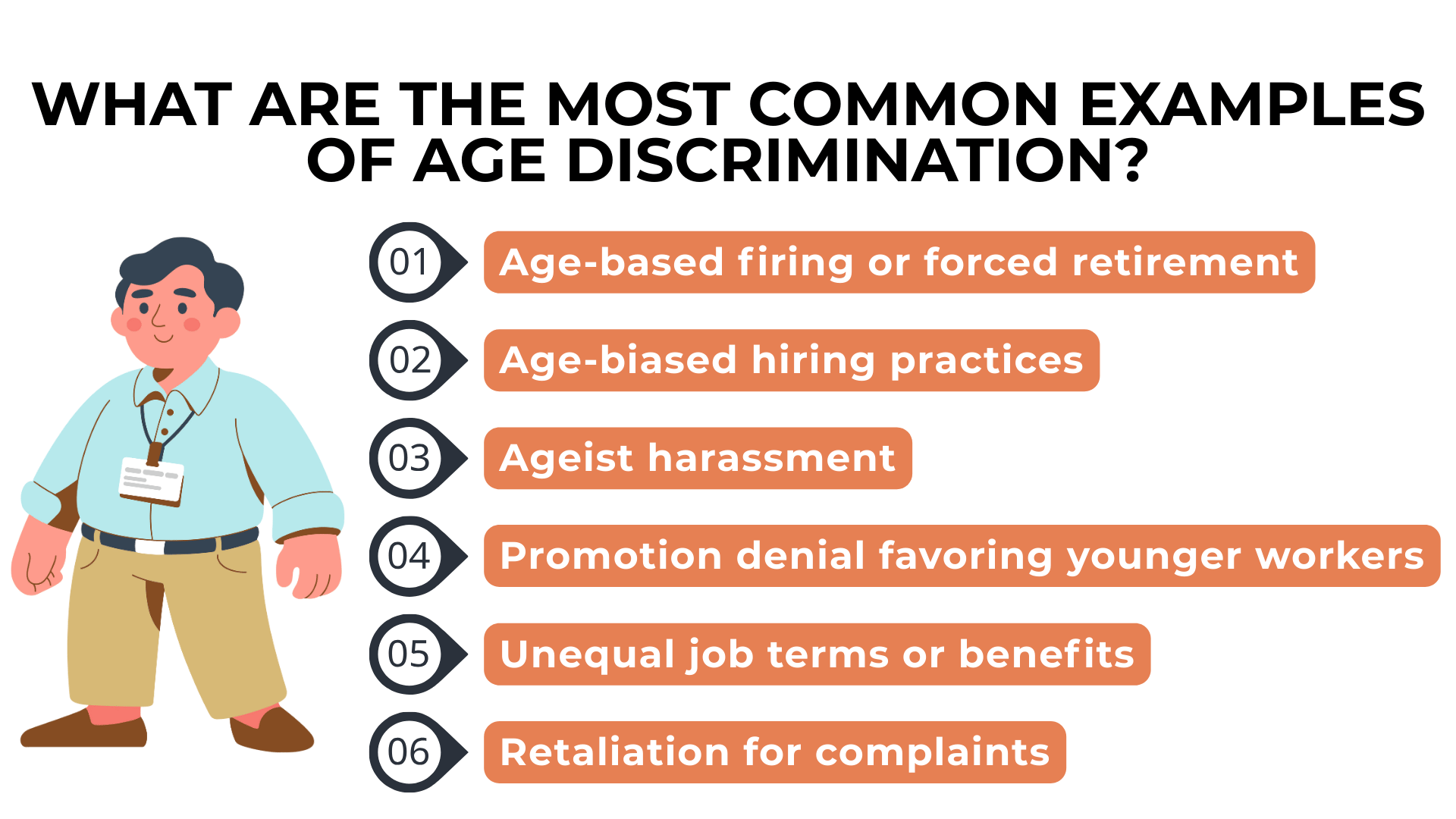 Worker beside numbered list highlights firing, biased hiring, harassment, denied promotions, and retaliation.