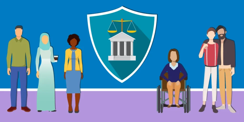 Illustration of diverse people, including a woman in a wheelchair, standing before a shield with a courthouse and justice scales symbol, representing fairness and protection in Severance Agreement matters.