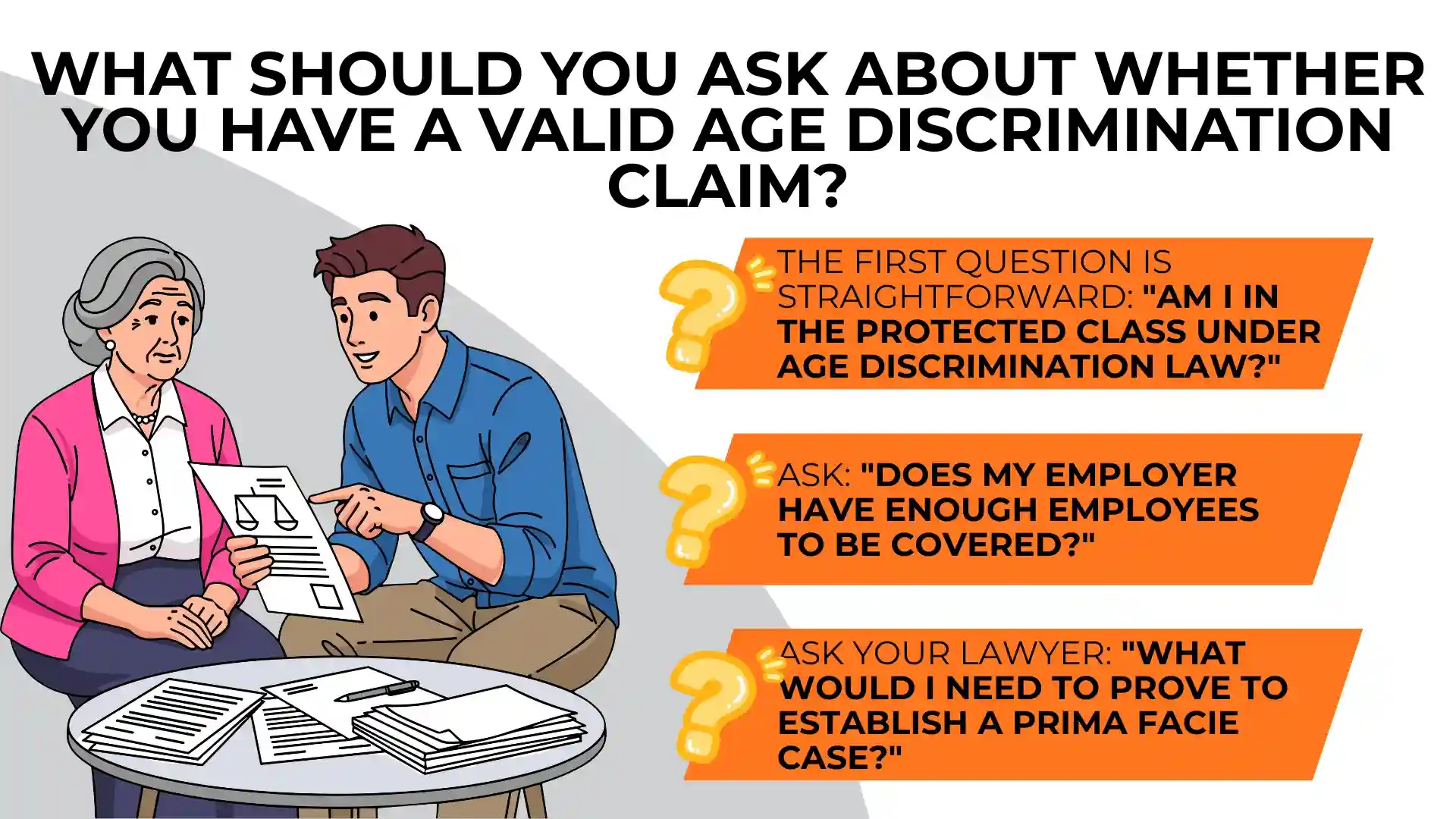 A man and an older woman discuss documents; text lists Key Questions to Ask to determine if you have a valid Age Discrimination claim.