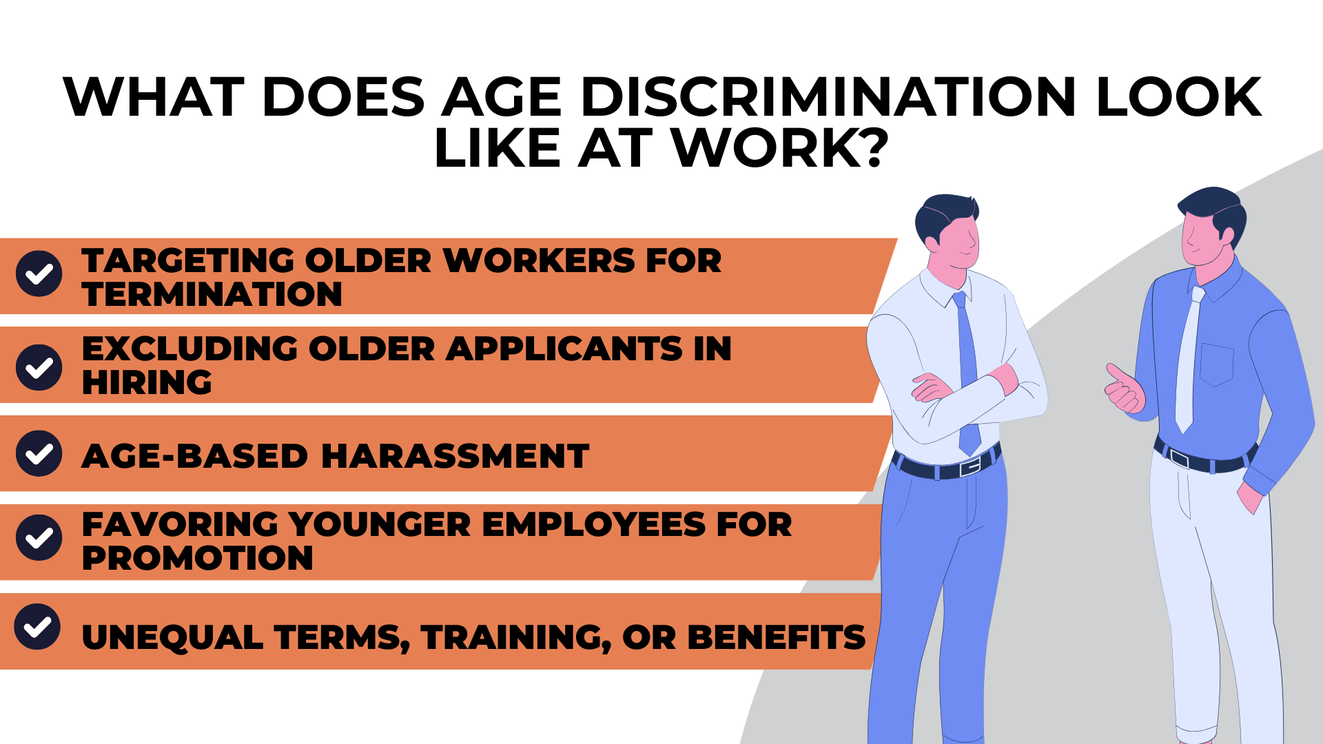 Checklist bars list targeting older workers, hiring exclusion, harassment, promotion bias, and unequal benefits.