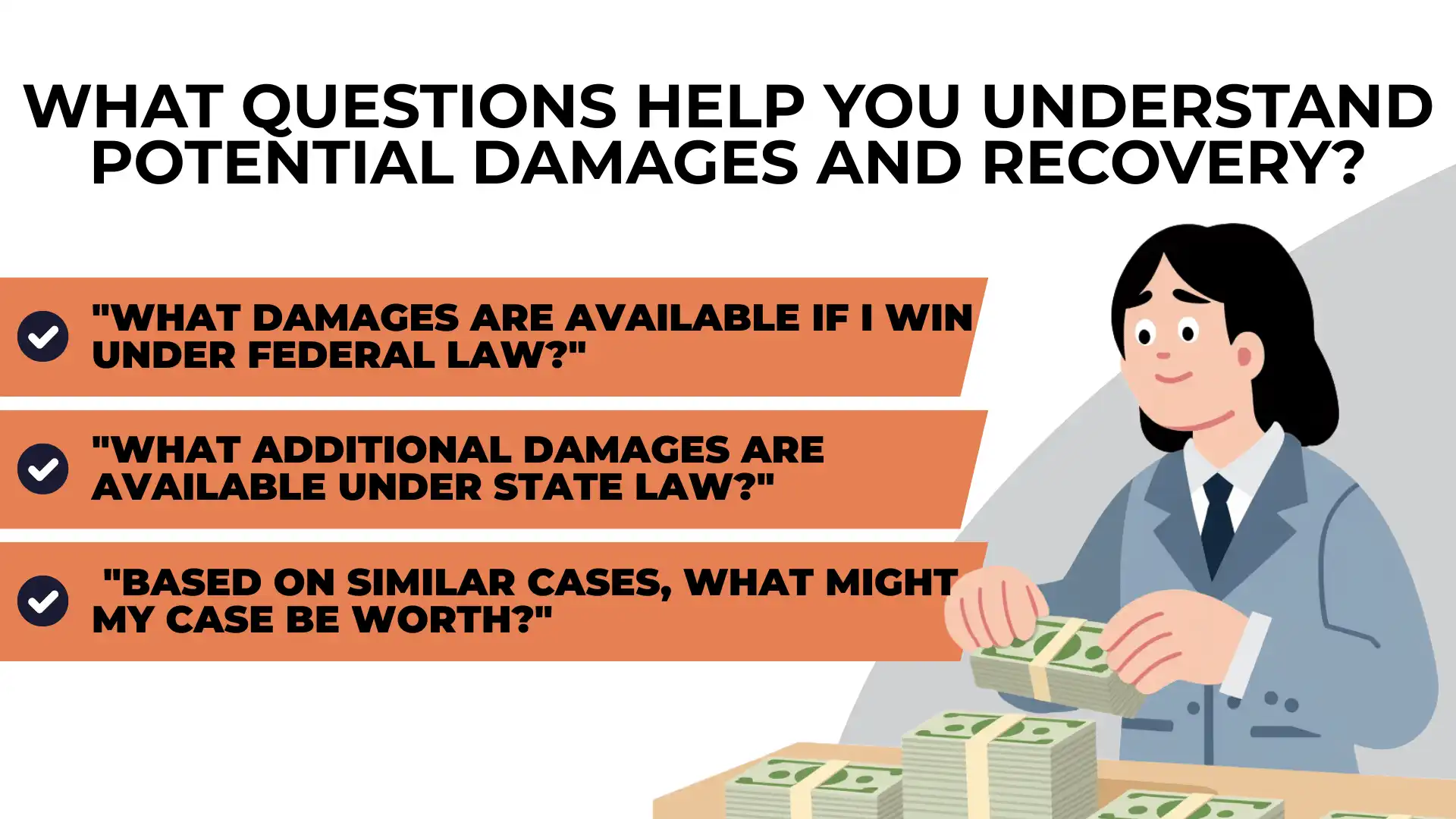 A person stacks money beside text about key questions to ask regarding damages and recovery, including federal and state law damages, age discrimination claims, and potential case worth based on similar cases.