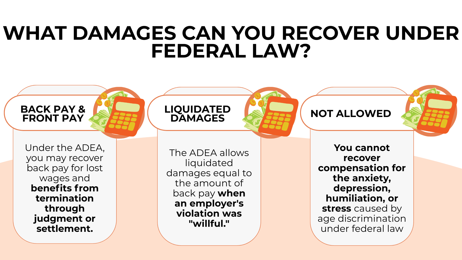 Three panels outline back pay, liquidated damages for willful violations, and excluded emotional distress under federal law.