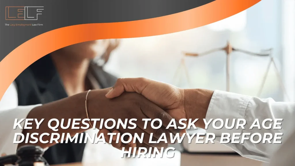 Two people shake hands in an office setting, with the text “Key Questions to Ask your Age Discrimination lawyer before hiring” displayed at the bottom.