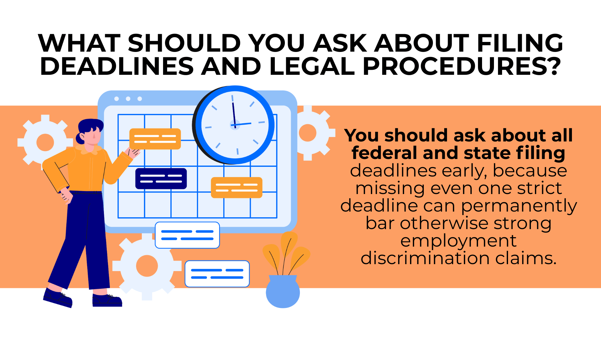 Calendar with clock and gears warns that missing federal or state filing deadlines can bar discrimination claims.