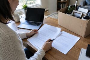 Person reviewing documents at a desk with a laptop, coffee mug, and a box of personal items—possibly navigating a Non-Compete Agreement in New Jersey or Pennsylvania.