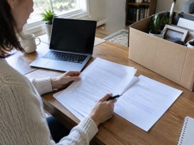 Person reviewing documents at a desk with a laptop, coffee mug, and a box of personal items—possibly navigating a Non-Compete Agreement in New Jersey or Pennsylvania.