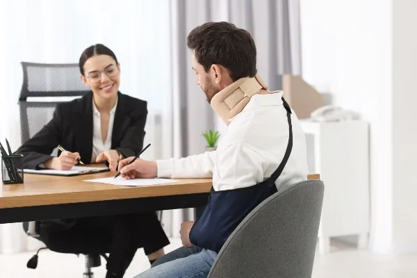 A man with a neck brace and arm sling sits at a desk, signing papers, while a Personal Injury Lawyer in business attire takes notes across from him.
