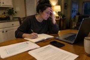 A woman sits at a kitchen table with paperwork, writing in a notebook while looking at a laptop, appearing focused or stressed about retaliation in the workplace.