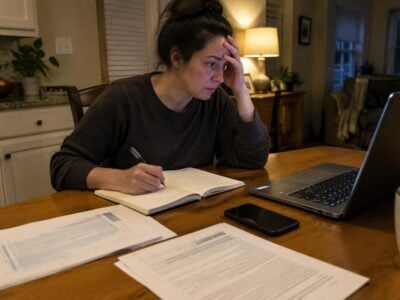 A woman sits at a kitchen table with paperwork, writing in a notebook while looking at a laptop, appearing focused or stressed about retaliation in the workplace.