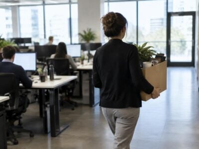 A woman carrying a box of personal items walks through an office, possibly after a wrongful termination lawsuit, with coworkers watching her leave.