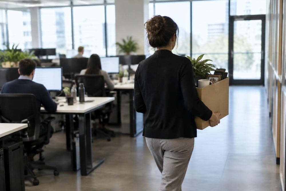 A woman carrying a box of personal items walks through an office, possibly after a wrongful termination lawsuit, with coworkers watching her leave.